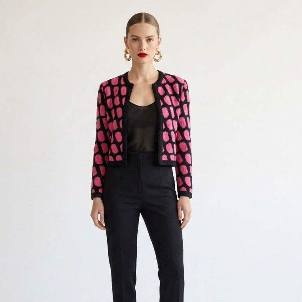 Vintage 80s Union Made Pink Black Cropped Knit Jacket ILGWU XS/S